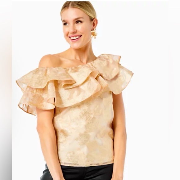 Lilly Pulitzer Tops - Lilly Pulitzer Trixie One Shoulder Gold Organza Brocade Top Small NWT Resort